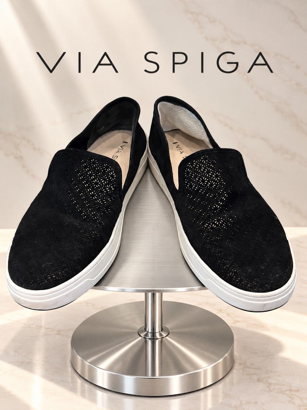 Via Spiga Galea Black Perforated Suede Slip-On Sneakers Sz 8.5